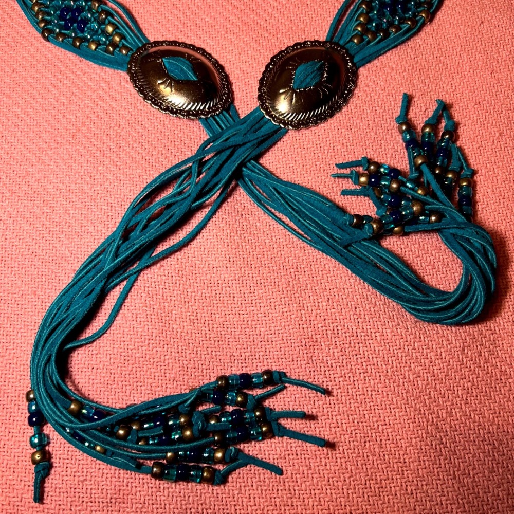 Boho Teal Suede Beaded Concho Belt Southwestern Fringe Tie Waist Silver Tone 62" - Picture 2 of 6